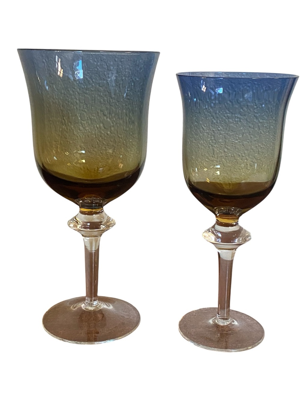 Rare Pair Vtg Ombre Blue & Amber Stemmed water Wine Glasses Handblown Sweden